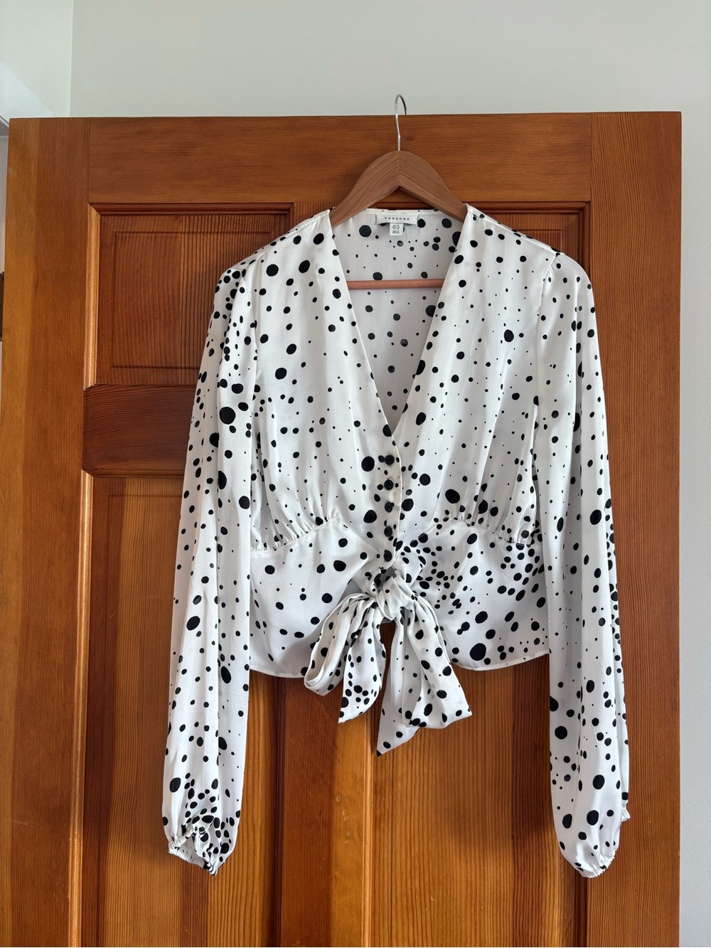 Topshop White and Black Polka Dot Tie-Front Blouse